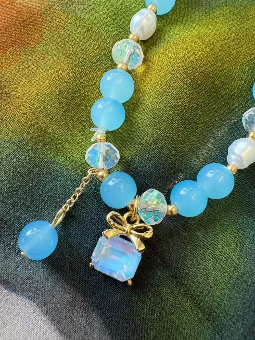 Sky Blue Glass Beaded and Faux Pearl Bracelet in Goldtone Set of Three